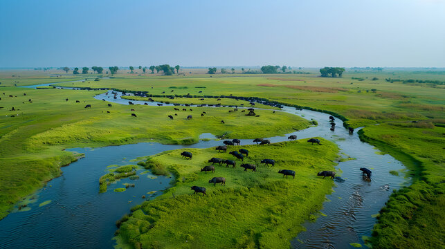 Panoramic Aerial View of Water Buffaloes in Waterways at Hakaluki Haor
