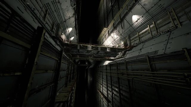 Approach to engine room with pipes and valve clusters, warm fixtures illuminate curved conduits, heavy machinery presence implied by beams and control points,