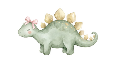 Watercolor cute girl stegosaurus dinosaur on transparent Background. Cute green watercolor dinosaur with gold plates nursery clipart. Cute watercolor baby dinosaur stegosaurus.  © bikram