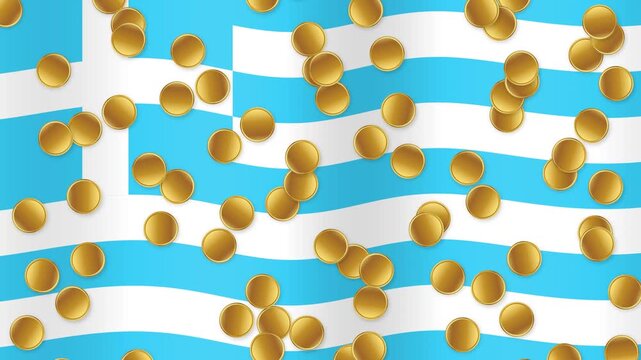 Gold Coins Falling Over Waving Blue and White Striped Flag Background