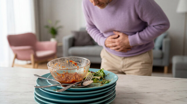Man holds stomach after eating meal at home and looks at empty bowl on table