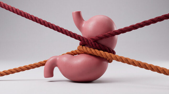 Model of a stomach wrapped with ropes showing pressure on the digestive system in a creative art piece