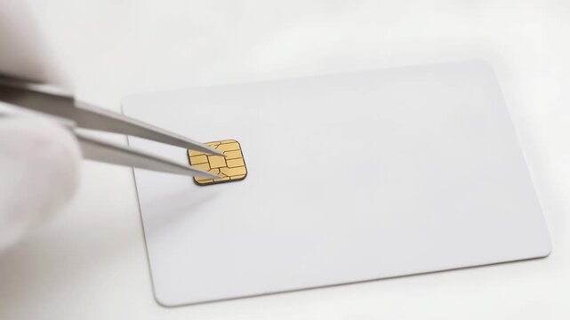 Sim card microchip smart card white plastic card chip electronic circuit closeup with tweezer technology security data communication identification