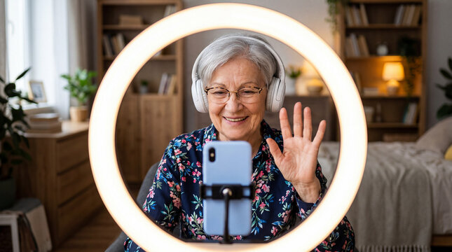 Elderly person video calling with smartphone in living room during daylight hours