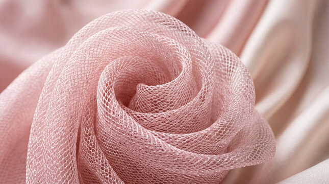 Close up of a pink fabric roll placed on smooth background with light fabric