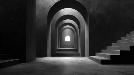 Naklejka premium Inside a dark black labyrinth with endless corridors, feeling small and lost, mysterious maze environment, shadowy paths and intricate walls, concept of isolation and confusion