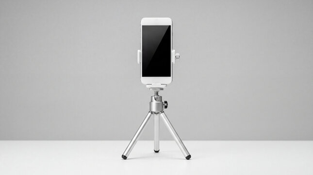 Smartphone mounted on a tripod with a plain background in a studio setting