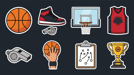 Fototapeta premium Collection set vector illustration of basketball sports equipment stickers in modern flat style. Perfect for fitness, recreation, education, branding, apps, prints and sports themes