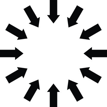 Multiple arrows pointing inward in a circular pattern vector icon. Graphic representing focus convergence or data consolidation. Simple black and white target design on a white background.