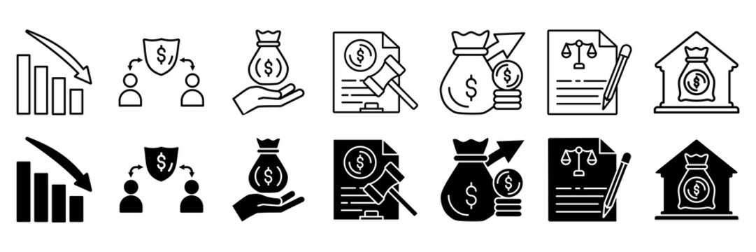 Bankruptcy icon set. court order and bank symbol. Vector illustration