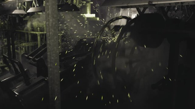 Dim machine tunnel with scattered sparks and smoke, grated catwalks and ventilation ducts frame narrow route, inspection drone light pierces mist, metal