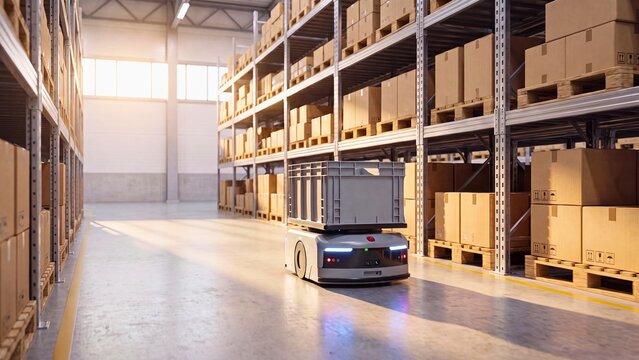 Autonomous robot vehicle navigating warehouse storage aisles for automated inventory transport, representing smart logistics technology and robotic supply chain automation