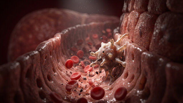 3D medical illustration of a Kupffer cell (specialized macrophage) resident inside a hepatic sinusoid of the liver