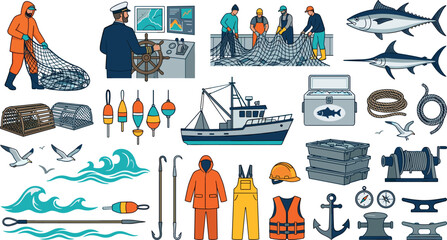 Industrial seafood harvesting illustrations bundle containing ocean waves fishing nets buoys anchors fish coolers and deck worker silhouettes,  © MdMonirul