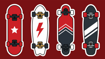 Collection set vector illustration of skateboard deck designs in modern flat style. Perfect for street sports, branding, merchandise, education, apps, prints and recreation © Amie