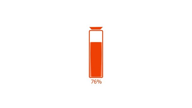 Orange battery charge low warning concept.  Loading 0 to 91 percent complete of a low battery icon. White background 4k video. 