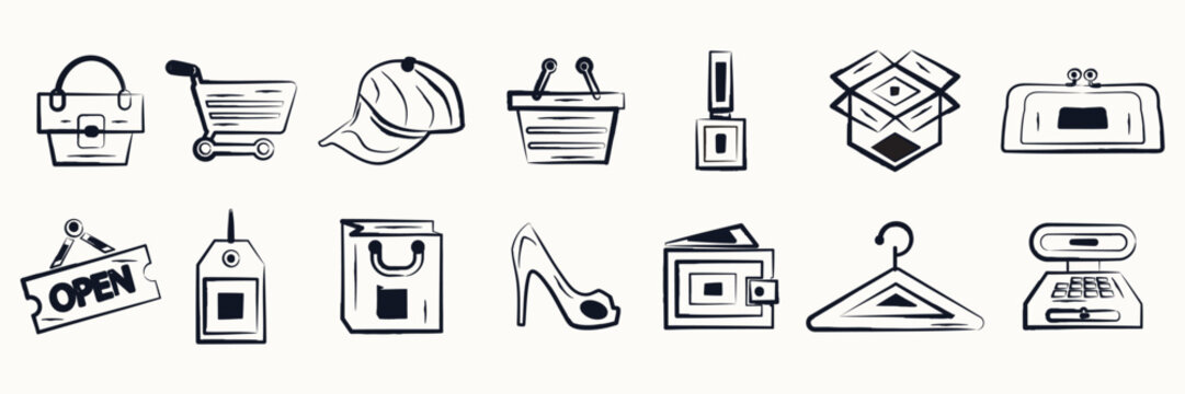 E commerce shopping hand drawn doodle clip art set retail sale line element pack with shopping cart and bag