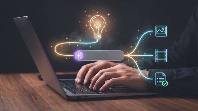 generative ai content creation concept, businessman using laptop with prompt search bar and glowing idea light bulb generating image, video and document from single input for creative digital automa