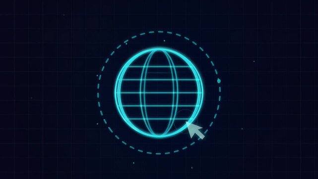 Glowing digital globe with grid lines and cursor pointer, futuristic technology background, seamless loop, symbolizing global connectivity and digital innovation