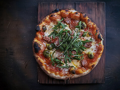 Delicious pizza with sausage, broccoli rabe and arugula on wooden board