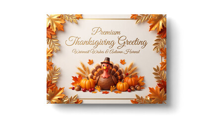 Fototapeta premium Thanksgiving scene with turkey pumpkins and autumn leaves on white background