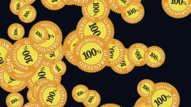 Multiple gold circular badges with 100 refund guaranteed labels on black background. Suitable for ecommerce websites and product packaging designs.