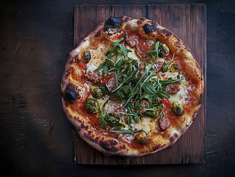 Delicious pizza with sausage, broccoli rabe and arugula on wooden board