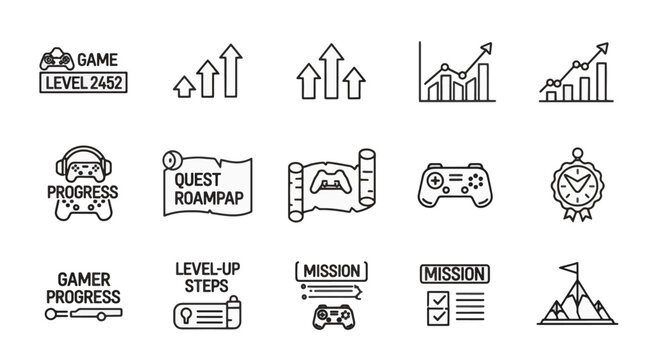 Set of 15 gaming progress line icons featuring gamepads, level indicators, rising arrows, quest maps, mission checklists, headset, achievement badges, and mountain peak goal icons.