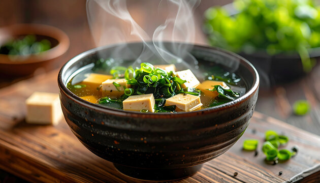 Traditional miso soup with tofu cubes and seaweed with rising steam in soft natural light
