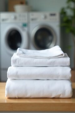 Neat stack of crisp white sheets, blurred laundry room backdrop, domestic, stack, crisp