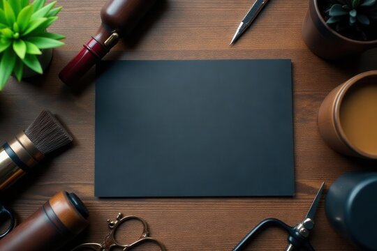 Overhead shot of barber supplies & blank black card on wood , design, top view