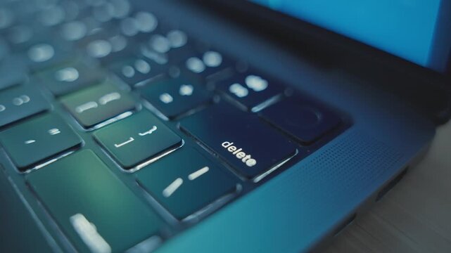 Close up of various clicks on Delete key or button on laptop keyboard at night. Hacker or programmer pressing to erase and delete action or grammar mistake. Undoing removing important data or email