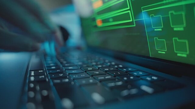 Close up on laptop keyboard as male hands quickly typing coding or writing. Dark office desk. Cyber activity by hacker or programmer working late on software or app. Security breach or virus threat