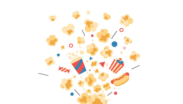 Delicious popcorn burst with cinema snacks and a drink for a fun movie night entertainment concept design illustration background.