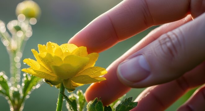 person touching yellow flower hand nature