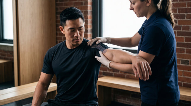 Physical therapist using goniometer to measure shoulder joint angle of male patient
