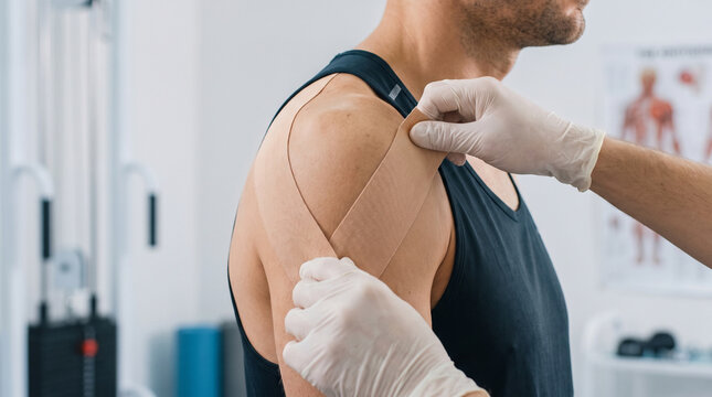 Physical therapist applying kinesiology tape on shoulder of male athlete patient