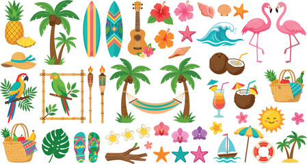 Tropical summer beach vacation vector element set featuring palm trees surfboards flamingoes parrots cocktails hammock and picnic basket © MdMonirul