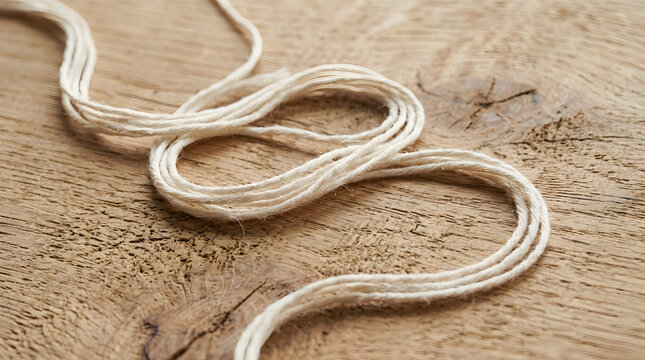 A natural white cotton twine or string loosely coiled on a rustic wooden board background