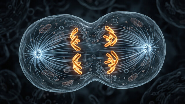 3D scientific illustration of the anaphase stage of mitosis cell division, showing chromosomes being pulled apart by spindle fibers