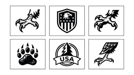 Fototapeta premium Black and White Animal Claw Paw Print and Eagle Shield Symbol Designs