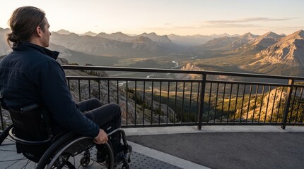 Fototapeta premium Person in wheelchair enjoying scenic mountain view from an observation deck during sunset with wheelchair observing vast landscape sunset outdoor