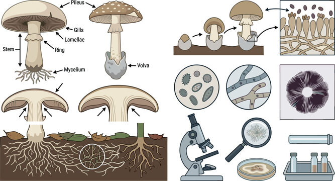 Scientific mushroom anatomy and biology laboratory diagram kit featuring fungi lifecycle spores mycelium root structures microscope and laboratory equipment vectors