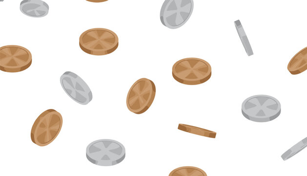 Pattern of falling gold and silver coins floating against a plain white background representing currency and wealth concepts.