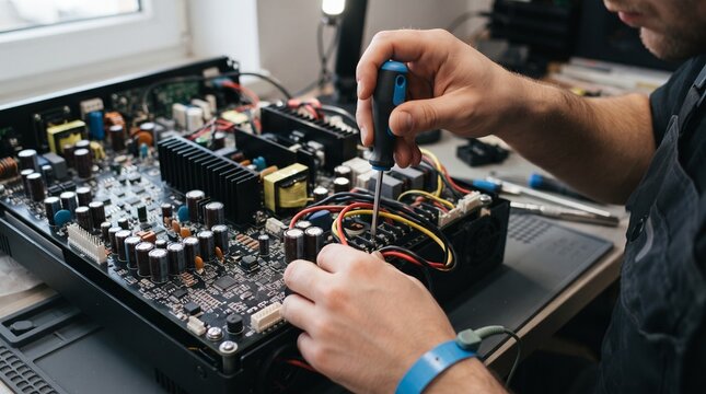 Technician repairing and securing loose components on a computer motherboard with screwdriver with using screwdriver secure motherboard well lit