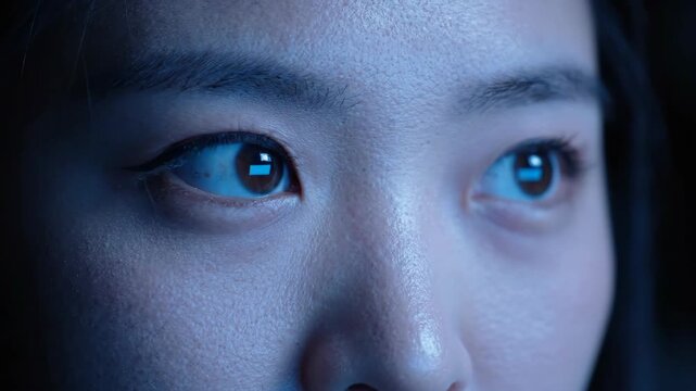 Close up blue light eye technology reflection screen focus detail woman cyber eye reflection blue light screen glare woman face close up digital eye
