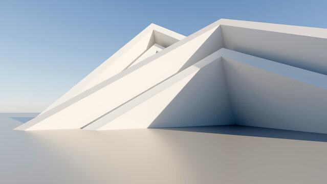 Futuristic white geometric architectural structure background, perfect for product mockup, minimalist website banner, tech presentation, and modern design