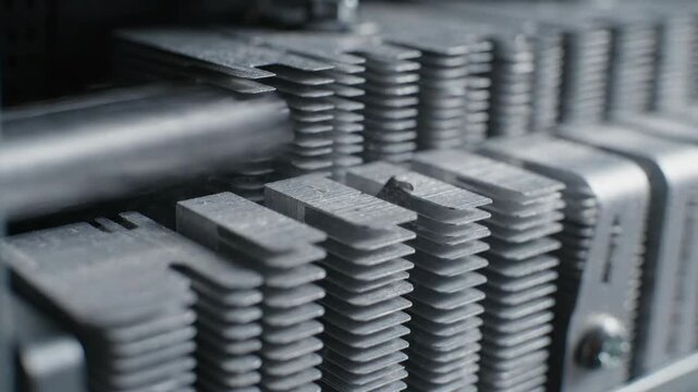 Industrial metal fins aluminum heat sink cooling fin detail silver texture technology closeup macro ventilation engineering precision dust machinery