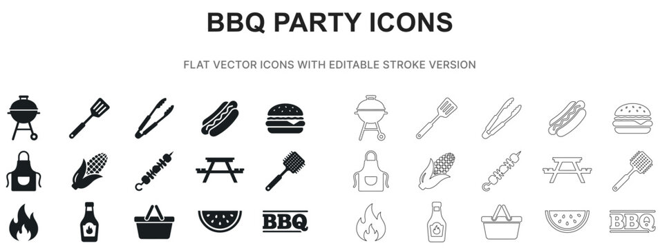 bbq party summer sheet picnic food grill barbecue icon set vector flat outline silhouette illustration graphic symbol sign