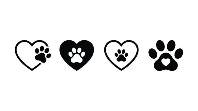 Black and white paw print heart icons with transparent background
